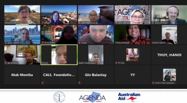 a screenshot of a computer of a ZOOM Meeting desktop app showing faces of the participants of the meeting and AGENDA, IFES, and Australian Aid logos below it.